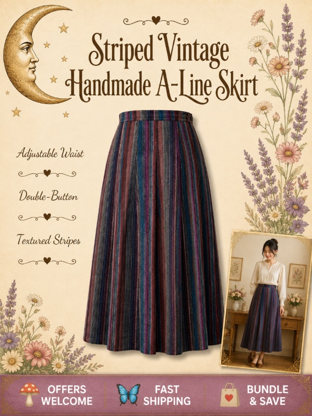 Handmade Striped A‑Line Skirt Adjustable Double‑Button Waist 31” Length